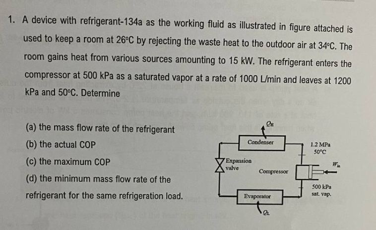 1. A device with refrigerant-134a as the working fluid as illustrated in figure attached is
used to keep a room at 26°C by rejecting the waste heat to the outdoor air at 34°C. The
room gains heat from various sources amounting to 15 kW. The refrigerant enters the
compressor at 500 kPa as a saturated vapor at a rate of 1000 L/min and leaves at 1200
kPa and 50°C. Determine
(a) the mass flow rate of the refrigerant
(b) the actual COP
(c) the maximum COP
(d) the minimum mass flow rate of the
refrigerant for the same refrigeration load.
QH
Condenser
Expansion
valve
Compressor
Evaporator
1.2 MPa
50°C
500 kPa
sat. vap.
Win