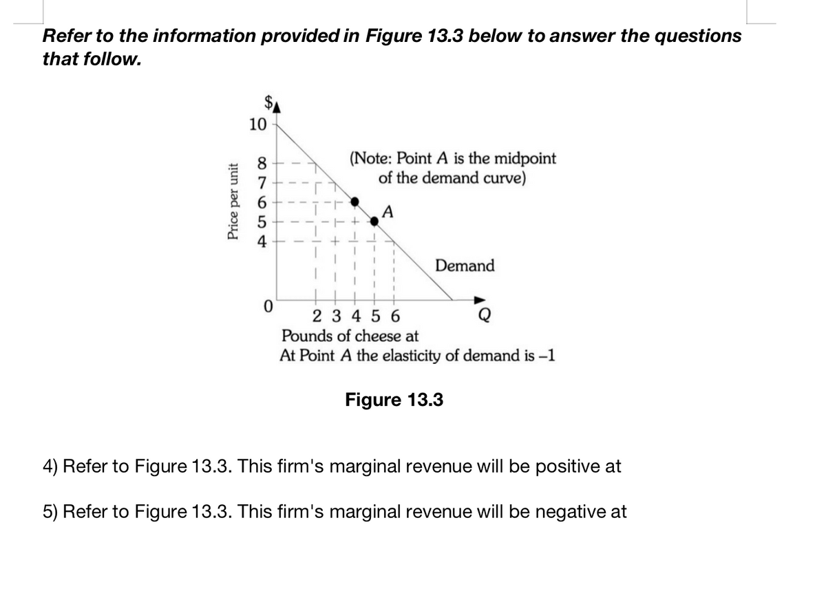 Refer to the information provided in Figure 13.3 below to answer the questions
that follow.
Price per unit
10
87654
0
(Note: Point A is the midpoint
of the demand curve)
A
Demand
23456
Pounds of cheese at
At Point A the elasticity of demand is -1
Figure 13.3
4) Refer to Figure 13.3. This firm's marginal revenue will be positive at
5) Refer to Figure 13.3. This firm's marginal revenue will be negative at