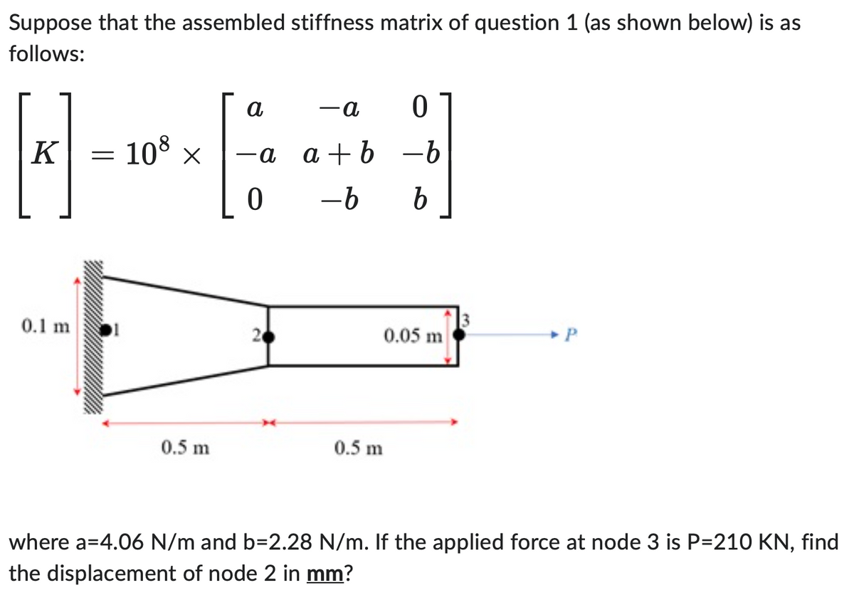 Suppose that the assembled stiffness matrix of question 1 (as shown below) is as
follows:
K
0.1 m
=
108 x
0.5 m
-a 0
a a+b -b
0
-b b
a
0.05 m
0.5 m
3
P
where a=4.06 N/m and b=2.28 N/m. If the applied force at node 3 is P=210 KN, find
the displacement of node 2 in mm?