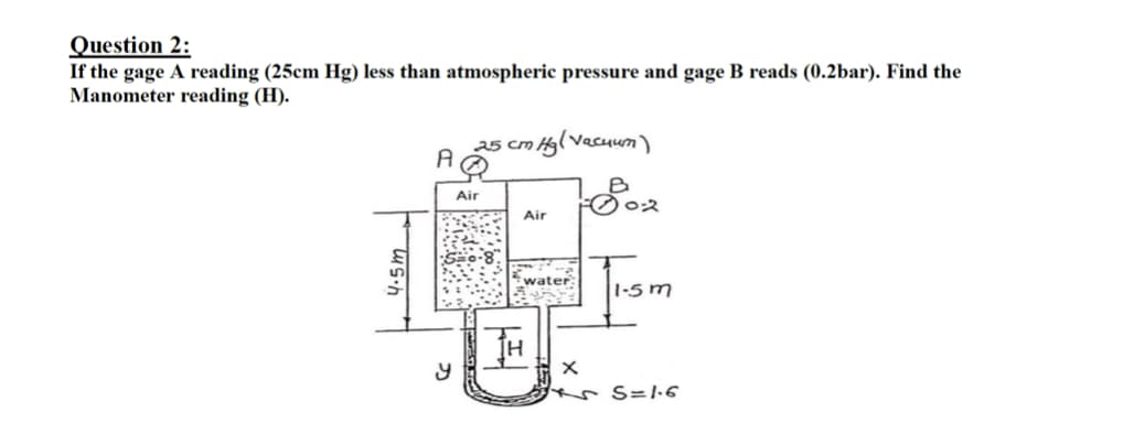 Question 2:
If the gage A reading (25cm Hg) less than atmospheric pressure and gage B reads (0.2bar). Find the
Manometer reading (H).
25 cm Hgl Vaecuum)
B
Air
Air
water
1-5m
TH
erS=l.6
