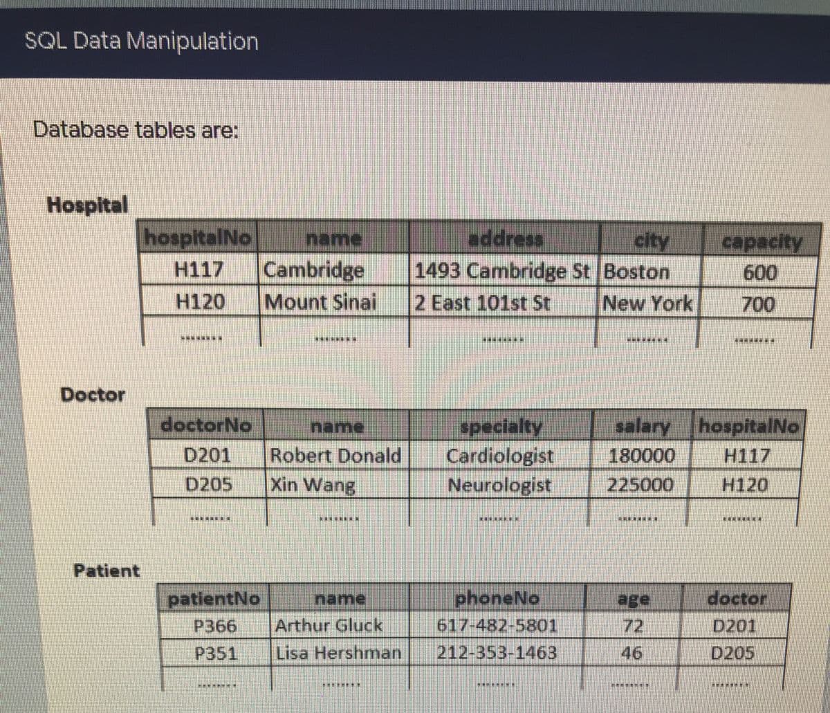 SQL Data Manipulation
Database tables are:
Hospital
hospitalNo
name
city
1493 Cambridge St Boston
capacity
Cambridge
Mount Sinai 2 East 101st St
H117
600
H120
New York
700
********
*******
*******
Doctor
doctorNo
salary hospitalNo
specialty
Cardiologist
Neurologist
name
Robert Donald
Xin Wang
D201
180000
H117
D205
225000
H120
Patient
| age
phoneNo
617-482-5801
212-353-1463
patientNo
name
doctor
P366
Arthur Gluck
72
D201
P351
Lisa Hershman
46
D205
****
