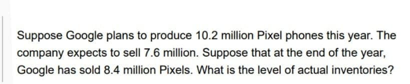Suppose Google plans to produce 10.2 million Pixel phones this year. The
company expects to sell 7.6 million. Suppose that at the end of the year,
Google has sold 8.4 million Pixels. What is the level of actual inventories?
