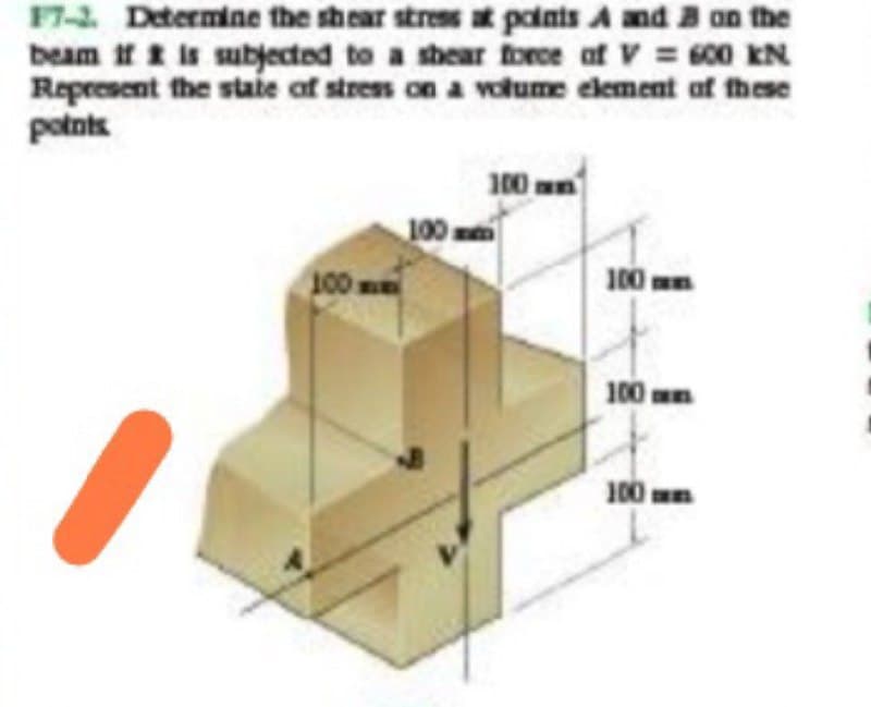 F7-2 Determine the shear stres at polnts A and B on the
beam ift is subjected to a shear force of V = 600 kN
Represent the state af stress on a votume element af these
potnts
100
mm
100 m
100 m
100 mm
100 m
100 m
