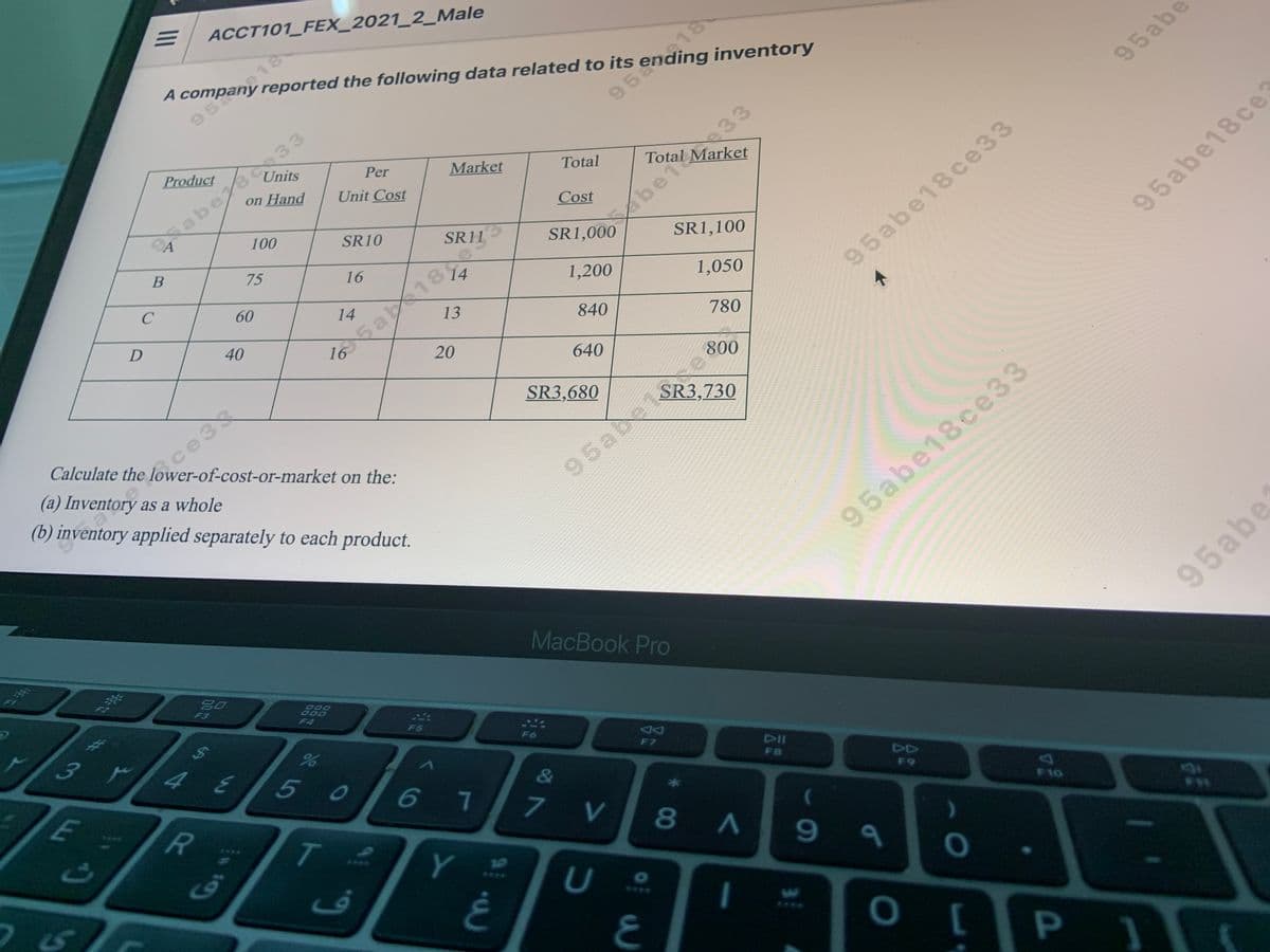 Calculate the lowe, st-or-market c
(a) Inventory a
ACCT101_FEX_2021_2_Male
A company reported the following data related to its ending inventory
957
95
95abe
be1 3
SR1,100
Product
Per
Market
Total
on Hand
Unit Cost
Total
abes 33
Cost
100
SR10
SR1,000
75
5a 18
20
16
95abe18ce
14
1,200
60
1,050
95abe18ce33
14
13
840
40
780
640
800
.ce3
the lower-of-cost-or-market on the:
SR3,680
SR3,730
Calculate
(a) Inventory as a whole
(b) inventory applied separately to each product.
95abe1e
95abe18ce 33
MacBook Pro
95abe
F3
000
F4
F5
F6
F7
50
DII
&
F8
6
7
7 V
DD
F9
T
8A
F10
****
Y
Co
****
U
****
****
O [P1
6E
6.
R
SA4
II
