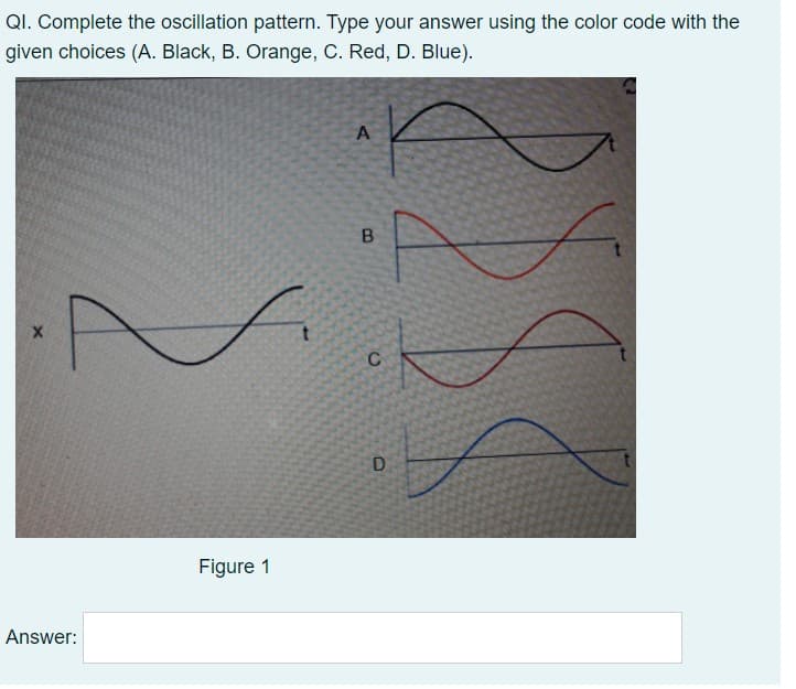 QI. Complete the oscillation pattern. Type your answer using the color code with the
given choices (A. Black, B. Orange, C. Red, D. Blue).
A
B
C
D
Figure 1
Answer:
