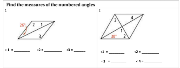 Find the measures of the numbered angles
1
2
26°/ 2
30
<2 =.
<3 =
<2 =.
<1
<3 =
< 4 =
