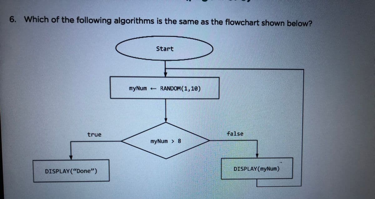 6. Which of the following algorithms is the same as the flowchart shown below?
Start
myNum RANDOM(1,10)
true
false
myNum > 8
DISPLAY(“Done")
DISPLAY(myNum)
