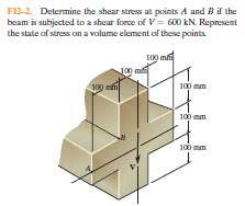 F12-2 Determine the shear stress at pcints A and B if the
beam is subjected to a shear force of V= 600 kN. Represent
the state of stress on a volume element of these points.
100 m
100 mm
100 mm
100 mm
