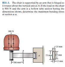 RII-I. The chair is supported by an arm that is hinged so
it rotates about the vertical axis at A. If the load on the chair
is 900 N and the arm is a holkow tube section having the
dimensions shown, determine the maximum bending stress
at section a-a.
900 N
25 mm
75 mm
63 mm
Fa00
HFmm

