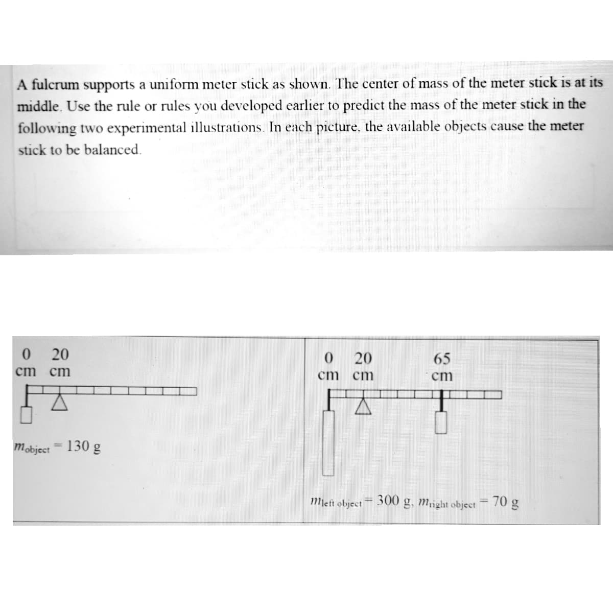 A fulcrum supports a uniform meter stick as shown. The center of mass of the meter stick is at its
middle. Use the rule or rules you developed earlier to predict the mass of the meter stick in the
following two experimental illustrations. In each picture, the available objects cause the meter
stick to be balanced.
020
0 20
65
cm
cm
cm
cm
ст
mobject = 130 g
Mjeft object 300 g, mnght object = 70 g
%3D
