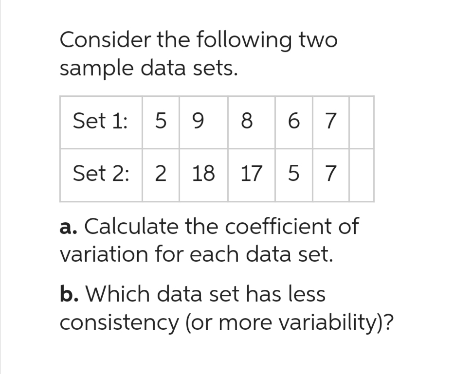 Consider the following two
sample data sets.
59 867
Set 1:
Set 2: 2 18 17 5 7
a. Calculate the coefficient of
variation for each data set.
b. Which data set has less
consistency (or more variability)?