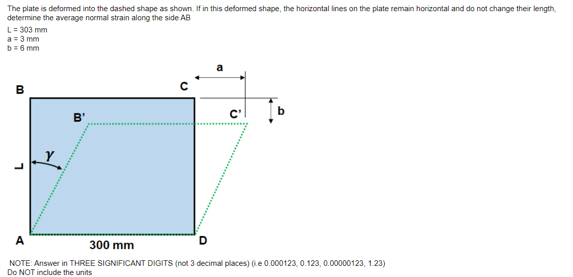 The plate is deformed into the dashed shape as shown. If in this deformed shape, the horizontal lines on the plate remain horizontal and do not change their length,
determine the average normal strain along the side AB
L = 303 mm
a = 3 mm
b = 6 mm
B
00
1
A
Y
B'
с
D
a
C'
b
300 mm
NOTE: Answer in THREE SIGNIFICANT DIGITS (not 3 decimal places) (i.e 0.000123, 0.123, 0.00000123, 1.23)
Do NOT include the units