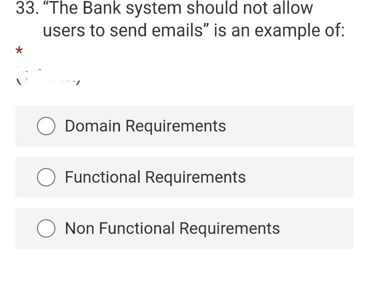 33. "The Bank system should not allow
users to send emails" is an example of:
Domain Requirements
Functional Requirements
Non Functional Requirements
