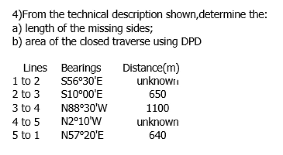 4)From the technical description shown,determine the:
a) length of the missing sides;
b) area of the closed traverse using DPD
Lines Bearings
1 to 2
2 to 3
3 to 4
Distance(m)
unknowni
S56°30'E
S10°00'E
650
N88°30'W
N2°10'W
1100
4 to 5
unknown
5 to 1
N57°20'E
640
