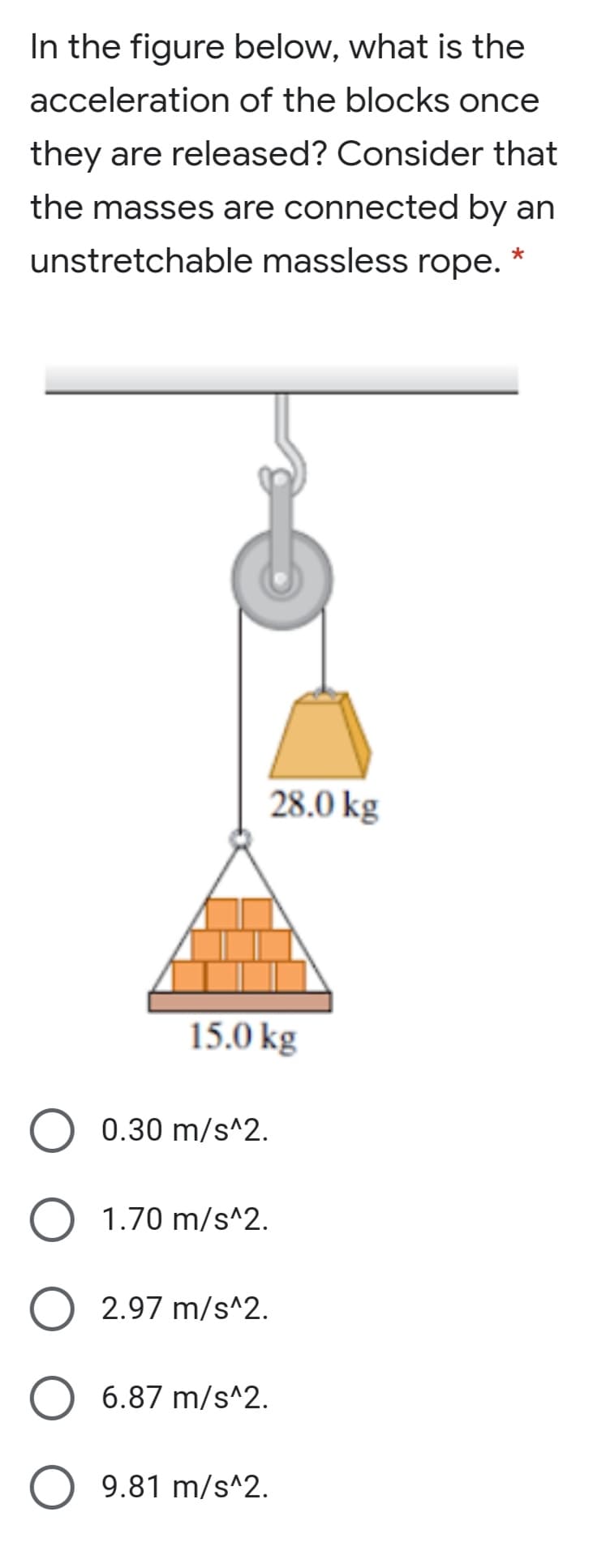 In the figure below, what is the
acceleration of the blocks once
they are released? Consider that
the masses are connected by an
unstretchable massless rope.
28.0 kg
15.0 kg
0.30 m/s^2.
O 1.70 m/s^2.
2.97 m/s^2.
6.87 m/s^2.
9.81 m/s^2.
