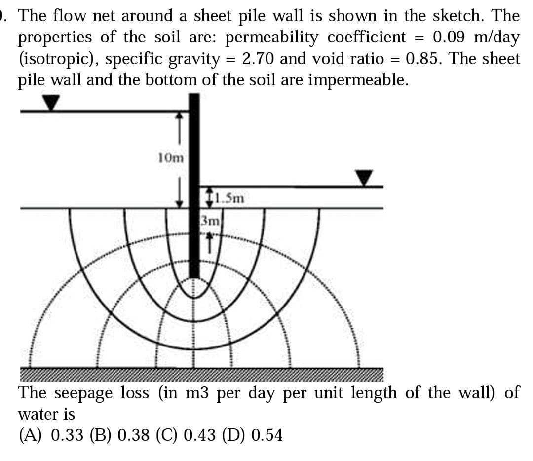 . The flow net around a sheet pile wall is shown in the sketch. The
properties of the soil are: permeability coefficient = 0.09 m/day
(isotropic), specific gravity = 2.70 and void ratio
pile wall and the bottom of the soil are impermeable.
%3D
0.85. The sheet
10m
1.5m
3m
The seepage loss (in m3 per day per unit length of the wall) of
water is
(A) 0.33 (B) 0.38 (C) 0.43 (D) 0.54
