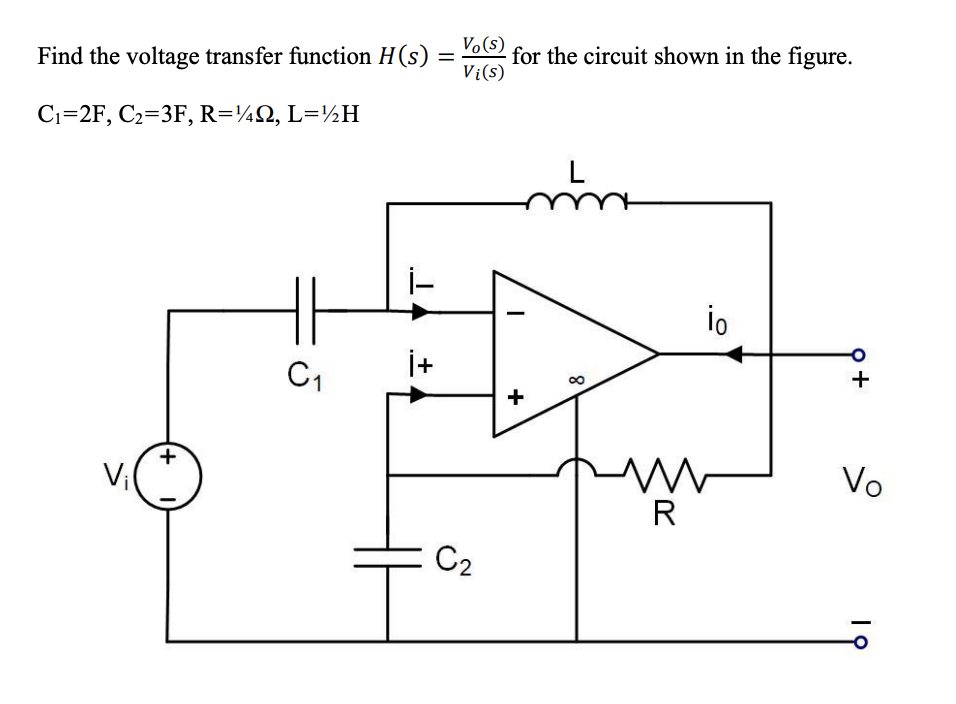 Find the voltage transfer function H(s)
Vo(s)
for the circuit shown in the figure.
Vi(s)
Ci=2F, C2=3F, R=¼Q, L=½H
io
C1
00
in
Vi
Vo
R
C2
+
+)
