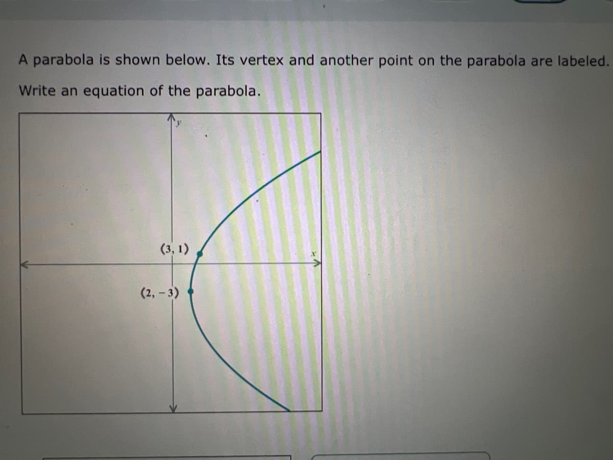 A parabola is shown below. Its vertex and another point on the parabola are labeled.
Write an equation of the parabola.
(3, 1)
(2, -3)