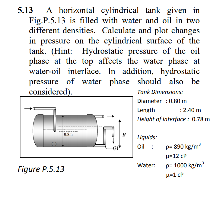5.13
A horizontal cylindrical tank given in
Fig.P.5.13 is filled with water and oil in two
different densities. Calculate and plot changes
in pressure on the cylindrical surface of the
tank. (Hint: Hydrostatic pressure of the oil
phase at the top affects the water phase at
water-oil interface. In addition, hydrostatic
pressure of water phase should also be
considered).
Tank Dimensions:
Diameter : 0.80 m
: 2.40 m
Length
Height of interface : 0.78 m
0.8m
Liquids:
(1)
-(2)*
Oil :
p= 890 kg/m³
μ-12 cP
Water:
p= 1000 kg/m³
Figure P.5.13
µ=1 cP
