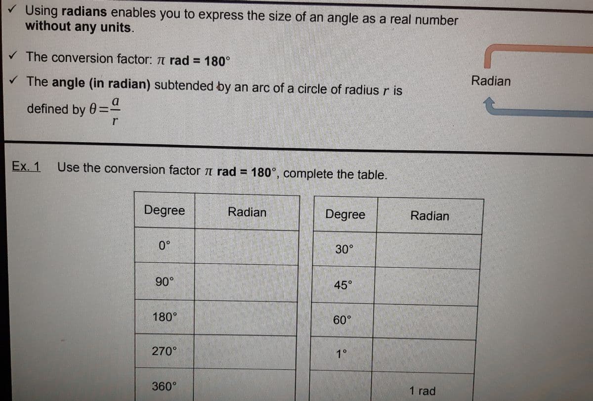 ✓
Using radians enables you to express the size of an angle as a real number
without any units.
✓ The conversion factor: π rad = 180°
✓ The angle (in radian) subtended by an arc of a circle of radius r is
a
defined by 0=9
r
Use the conversion factor rad = 180°, complete the table.
Degree
Radian
Degree
0°
30°
90°
45°
180°
270°
360°
Ex. 1
60°
1°
Radian
1 rad
Radian