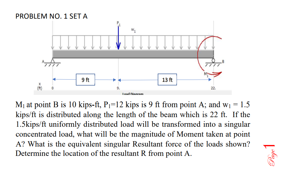 PROBLEM NO. 1 SET A
9 ft
13 ft
9.
22.
Inad Dianram
Mị at point B is 10 kips-ft, P1=12 kips is 9 ft from point A; and wi = 1.5
kips/ft is distributed along the length of the beam which is 22 ft. If the
1.5kips/ft uniformly distributed load will be transformed into a singular
concentrated load, what will be the magnitude of Moment taken at point
A? What is the equivalent singular Resultant force of the loads shown?
Determine the location of the resultant R from point A.
Page1
