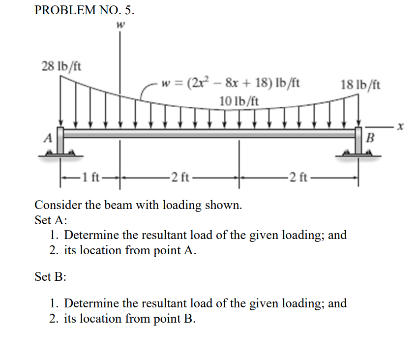 PROBLEM NO. 5.
28 lb/ft
w = (2r – 8x + 18) lb/ft
10 lb/ft
18 lb/ft
B
-2 ft
-2 ft –
Consider the beam with loading shown.
Set A:
1. Determine the resultant load of the given loading; and
2. its location from point A.
Set B:
1. Determine the resultant load of the given loading; and
2. its location from point B.
