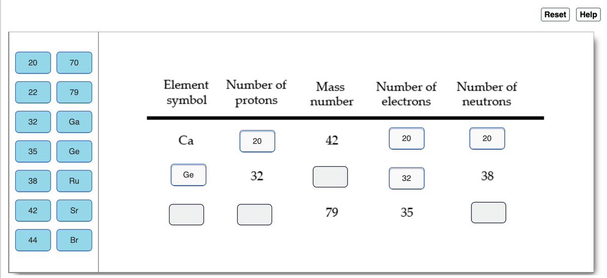 Reset
Help
20
70
Element Number of
Mass
Number of
Number of
22
79
symbol
protons
number
electrons
neutrons
32
Ga
Са
20
42
20
20
35
Ge
Ge
32
32
38
38
Ru
42
Sr
79
35
44
Br
