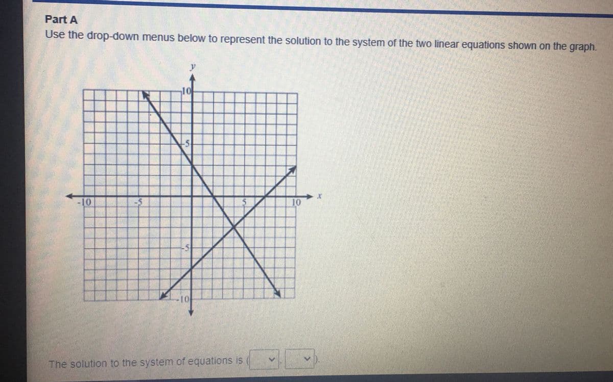 Part A
Use the drop-down menus below to represent the solution to the system of the two linear equations shown on the graph.
10
-5
-10
-5
10
The solution to the system of equations is
