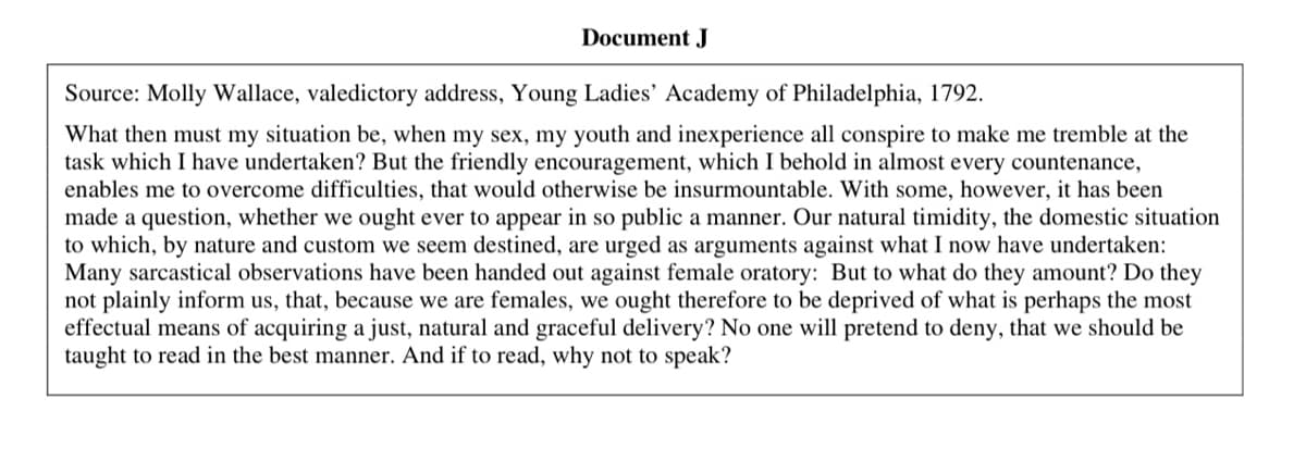 Document J
Source: Molly Wallace, valedictory address, Young Ladies' Academy of Philadelphia, 1792.
What then must my situation be, when my sex, my youth and inexperience all conspire to make me tremble at the
task which I have undertaken? But the friendly encouragement, which I behold in almost every countenance,
enables me to overcome difficulties, that would otherwise be insurmountable. With some, however, it has been
made a question, whether we ought ever to appear in so public a manner. Our natural timidity, the domestic situation
to which, by nature and custom we seem destined, are urged as arguments against what I now have undertaken:
Many sarcastical observations have been handed out against female oratory: But to what do they amount? Do they
not plainly inform us, that, because we are females, we ought therefore to be deprived of what is perhaps the most
effectual means of acquiring a just, natural and graceful delivery? No one will pretend to deny, that we should be
taught to read in the best manner. And if to read, why not to speak?