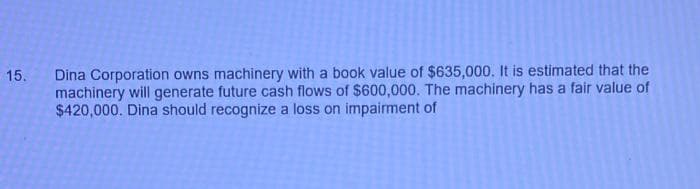 Dina Corporation owns machinery with a book value of $635,000. It is estimated that the
machinery will generate future cash flows of $600,000. The machinery has a fair value of
$420,000. Dina should recognize a loss on impairment of
15.

