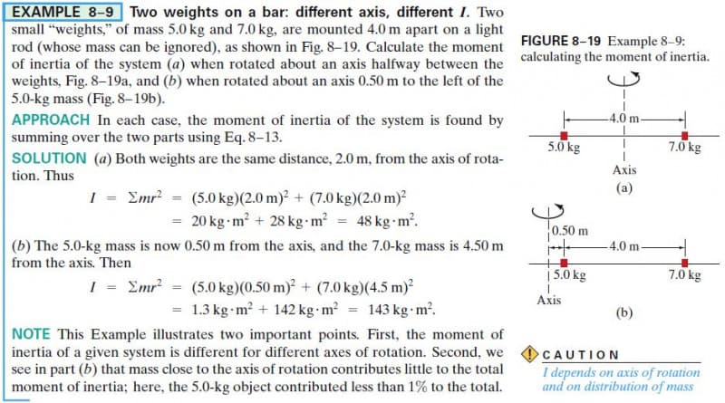EXAMPLE 8-9 Two weights on a bar: different axis, different I. Two
small "weights," of mass 5.0 kg and 7.0 kg, are mounted 4.0 m apart on a light
rod (whose mass can be ignored), as shown in Fig. 8-19. Calculate the moment
of inertia of the system (a) when rotated about an axis halfway between the
weights, Fig. 8-19a, and (b) when rotated about an axis 0.50 m to the left of the
5.0-kg mass (Fig. 8-19b).
APPROACH In each case, the moment of inertia of the system is found by
summing over the two parts using Eq. 8-13.
SOLUTION (a) Both weights are the same distance, 2.0 m, from the axis of rota-
tion. Thus
I =
Emr² = (5.0 kg)(2.0 m)² + (7.0 kg)(2.0 m)²
= 20 kg m² + 28 kg-m² = 48 kg-m².
(b) The 5.0-kg mass is now 0.50 m from the axis, and the 7.0-kg mass is 4.50 m
from the axis. Then
I = Emr² = (5.0 kg)(0.50 m)2 + (7.0 kg)(4.5 m)²
= 1.3 kg-m² + 142 kg m² = 143 kg-m².
NOTE This Example illustrates two important points. First, the moment of
inertia of a given system is different for different axes of rotation. Second, we
see in part (b) that mass close to the axis of rotation contributes little to the total
moment of inertia; here, the 5.0-kg object contributed less than 1% to the total.
FIGURE 8-19 Example 8-9:
calculating the moment of inertia.
4.0 m-
5.0 kg
7.0 kg
Axis
(a)
-4.0 m
(b)
0.50 m
it
| 5.0 kg
7.0 kg
1
Axis
CAUTION
I depends on axis of rotation
and on distribution of mass