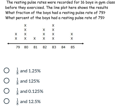 The resting pulse rates were recorded for 16 boys in gym class
before they exercised. The line plot here shows the results
What fraction of the boys had a resting pulse rate of 79?
What percent of the boys had a resting pulse rate of 79?
X
X
x x x x x
79 80 81
82 83 84
85
and 1.25%
and 125%
and 0.125%
and 12.5%
xxX
xxxX
