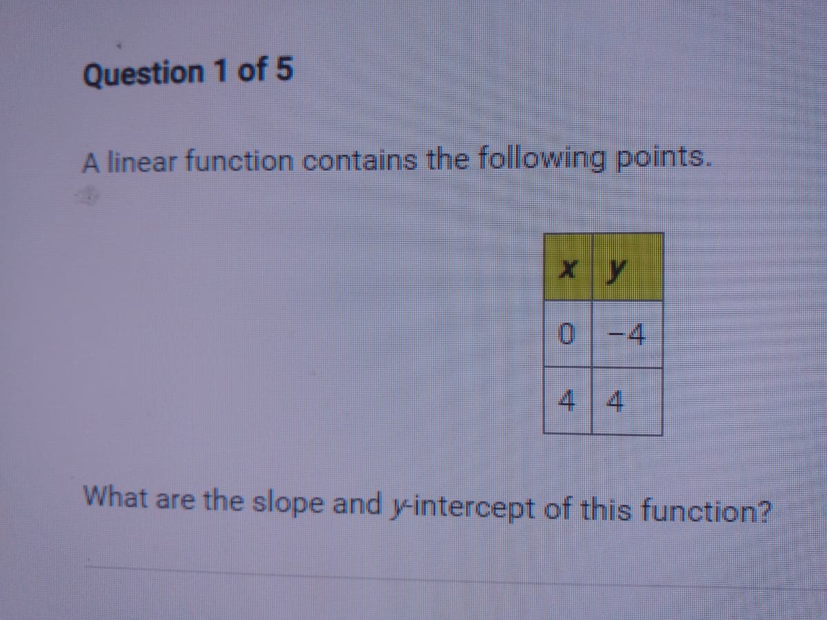 Question 1 of 5
A linear function contains the following points.
X y
0-4
44
What are the slope and y-intercept of this function?
