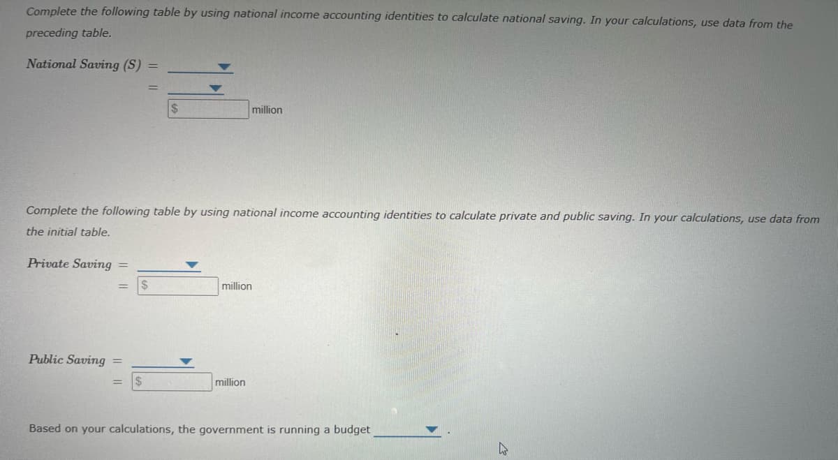 Complete the following table by using national income accounting identities to calculate national saving. In your calculations, use data from the
preceding table.
National Saving (S)
$
million
Complete the following table by using national income accounting identities to calculate private and public saving. In your calculations, use data from
the initial table.
Private Saving =
million
Public Saving
$
million
Based on your calculations, the government is running a budget