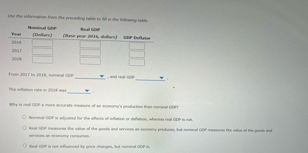 Use the information from the preceding table to fill in the following table.
Nominal GDP
Real GDP
Year
(Dollars)
(Base year 2016, dollars)
GDP Deflator
2016
2017
2018
From 2017 to 2018, nominal GDP
and real GDP
The inflation rate in 2018 was
Why is real GDP a more accurate measure of an economy's production than nominal GDP?
O Nominal GDP is adjusted for the effects of inflation or deflation, whereas real GDP is not.
O Real GDP measures the value of the goods and services an economy produces, but nominal GDP measures the value of the goods and
services an economy consumes.
O Real GDP is not influenced by price changes, but nominal GDP is.
