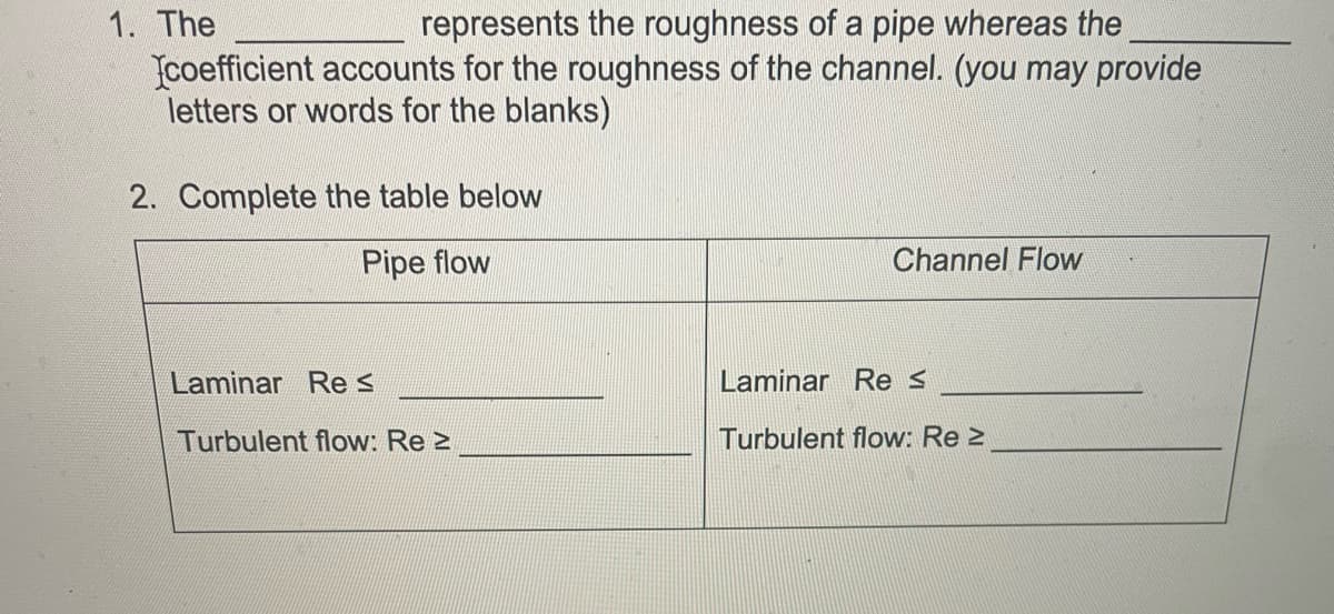 1. The
represents the roughness of a pipe whereas the
Icoefficient accounts for the roughness of the channel. (you may provide
letters or words for the blanks)
2. Complete the table below
Pipe flow
Laminar Res
Turbulent flow: Re 2
Channel Flow
Laminar Re ≤
Turbulent flow: Re 2