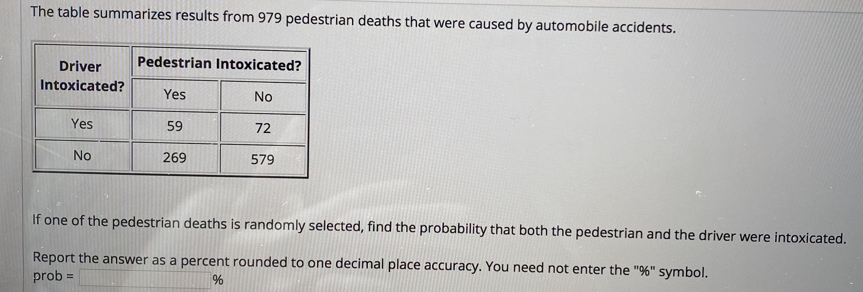 The table summarizes results from 979 pedestrian deaths that were caused by automobile accidents.
Driver
Pedestrian Intoxicated?
Intoxicated?
Yes
No
Yes
59
72
No
269
579
If one of the pedestrian deaths is randomly selected, find the probability that both the pedestrian and the driver were intoxicated.
Report the answer as a percent rounded to one decimal place accuracy. You need not enter the "%" symbol.
prob =
%3D

