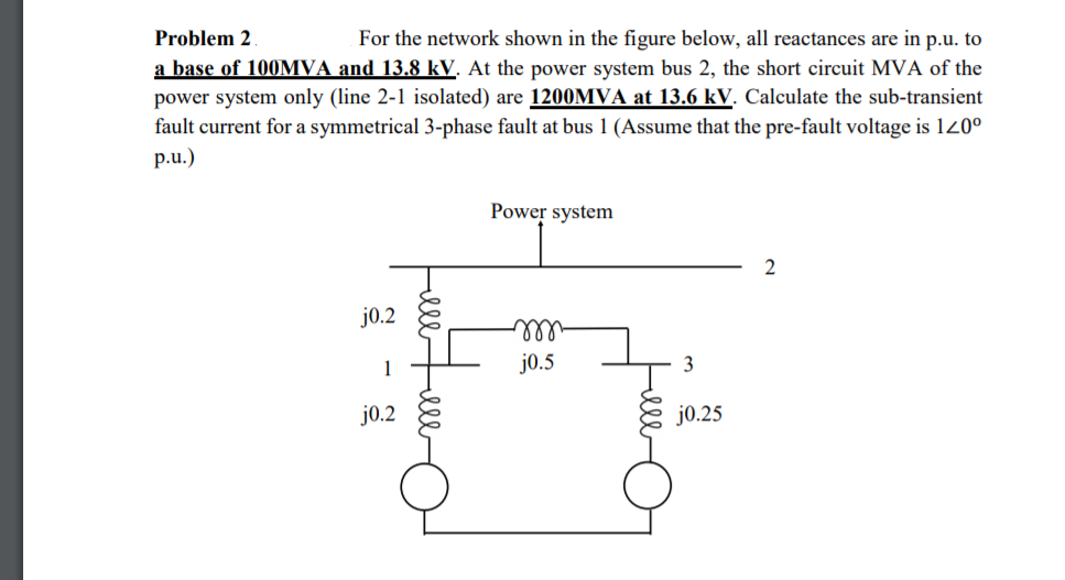 Problem 2.
For the network shown in the figure below, all reactances are in p.u. to
a base of 100MVA and 13.8 kV. At the power system bus 2, the short circuit MVA of the
power system only (line 2-1 isolated) are 1200MVA at 13.6 kV. Calculate the sub-transient
fault current for a symmetrical 3-phase fault at bus 1 (Assume that the pre-fault voltage is 120°
p.u.)
Power system
2
j0.2
ell
j0.5
1
3
j0.2
j0.25
elltell
