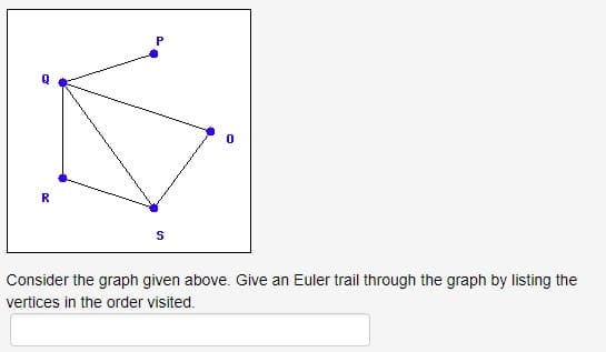 Q
R
20
S
0
Consider the graph given above. Give an Euler trail through the graph by listing the
vertices in the order visited.