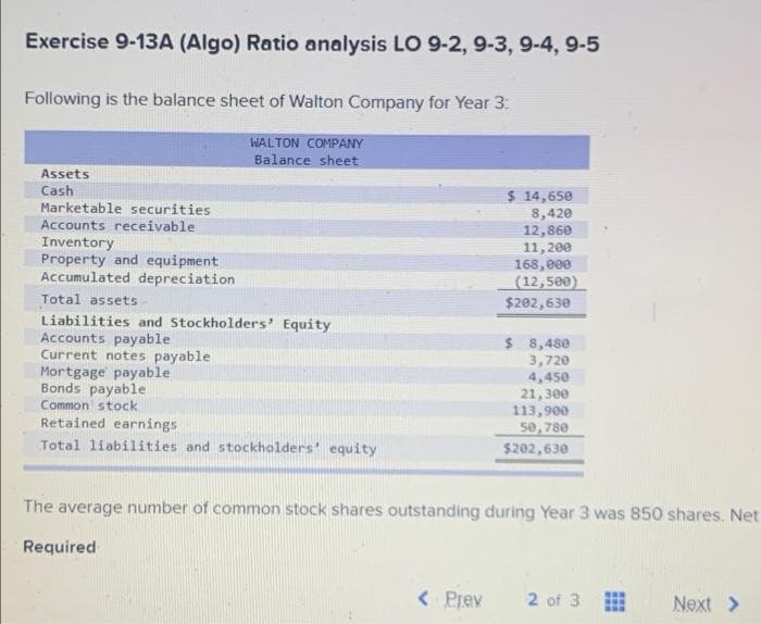 Exercise 9-13A (Algo) Ratio analysis LO 9-2, 9-3, 9-4, 9-5
Following is the balance sheet of Walton Company for Year 3:
WALTON COMPANY
Balance sheet
Assets
Cash
$ 14,650
8,420
12,860
11,200
168,e00
(12,500)
Marketable securities
Accounts receivable
Inventory
Property and equipment
Accumulated depreciation
Total assets
Liabilities and Stockholders' Equity
Accounts payable
Current notes payable
Mortgage payable
Bonds payable
Common stock
$282,630
$ 8,480
3,720
4,450
21,300
113,900
50,780
Retained earnings
Total liabilities and stockholders' equity
$202,630
The average number of common stock shares outstanding during Year 3 was 850 shares. Net
Required
< Prev
2 of 3
Next >
