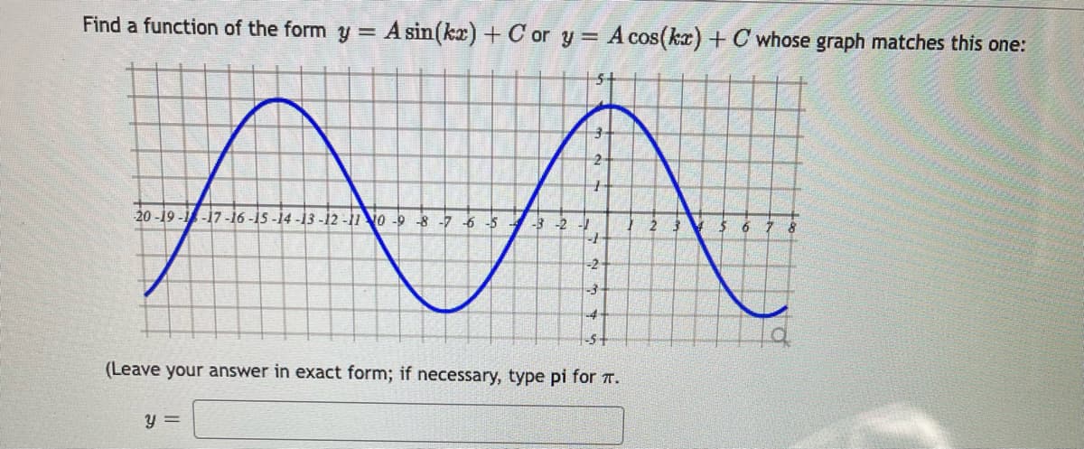 Find a function of the form y
= A sin(kx) + C or y = A cos(kax) +C whose graph matches this one:
5+
20 -19 -1-17-16-15 -14 -13-12 -11 No -9 8 -7 -6 -5
-2
-2
-4
-5+
(Leave your answer in exact form; if necessary, type pi for T.
y =
