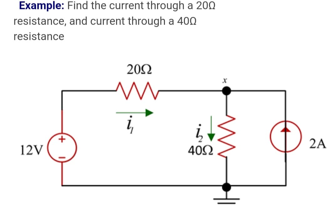 Example: Find the current through a 200
resistance, and current through a 400
resistance
12V
2002
M
i,
į₂
40Ω
X
2A