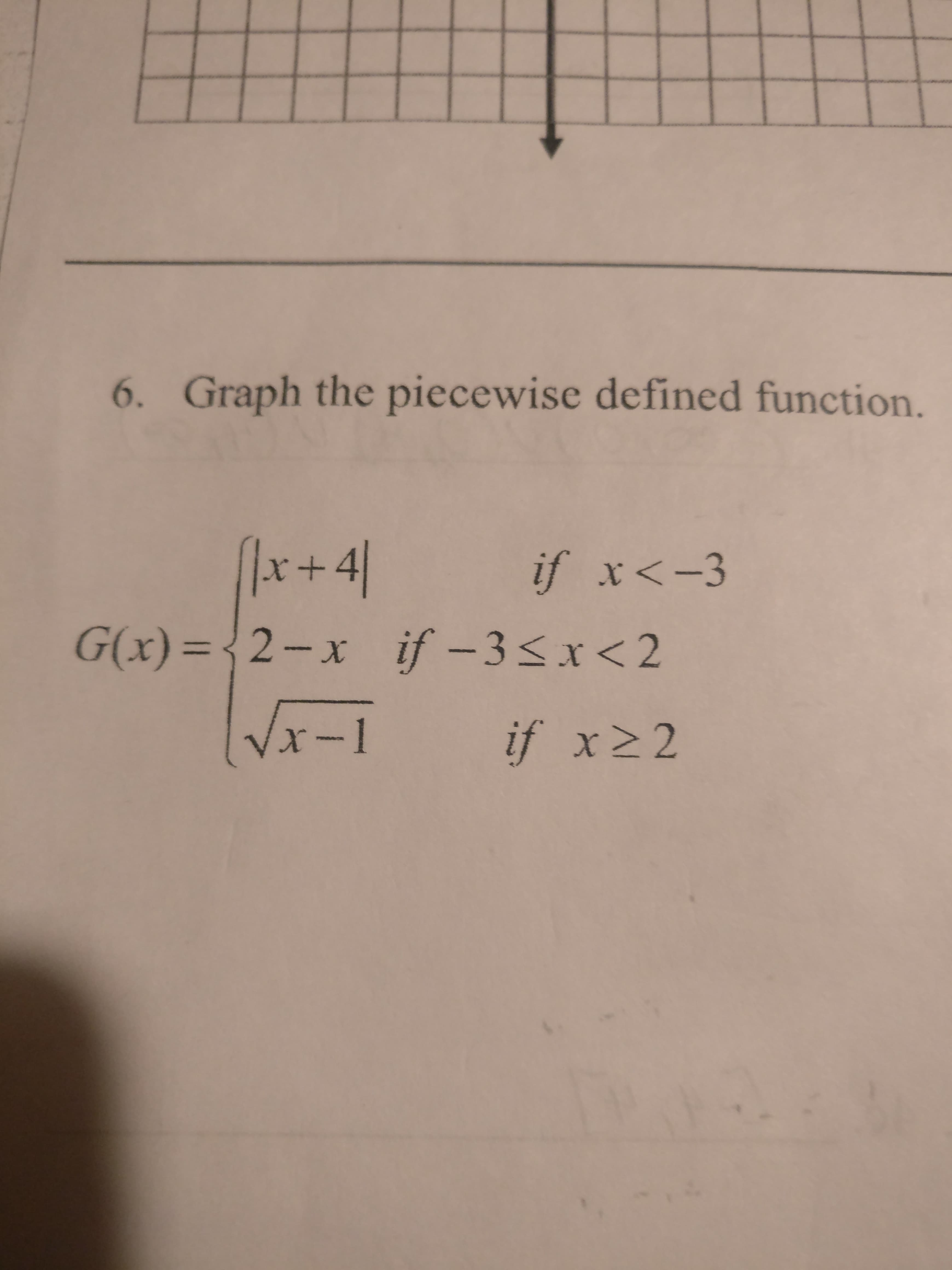 6. Graph the piecewise defined function.
1x+4]
if x<-3
G(x)={2-x if -3<x<2
Vx-1
if x>2
