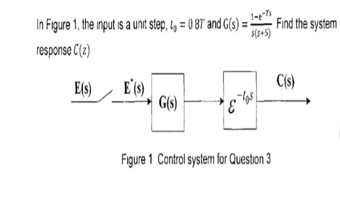 1-e-1s
Find the system
$(s+S)
In Figure 1, the imput is a unt step, 4 = 0 81 and G(s)-
response C(z)
Cls)
E(S)
E'S)
G()
Figure 1 Control system for Question 3
