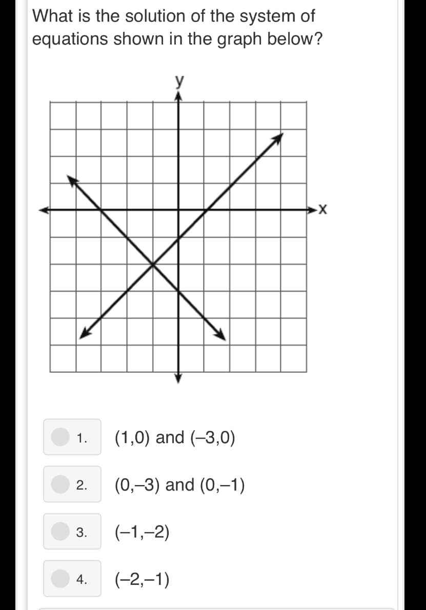 What is the solution of the system of
equations shown in the graph below?
y
1.
(1,0) and (-3,0)
(0,-3) and (0,-1)
3.
(-1,-2)
4.
(-2,–1)
2.
