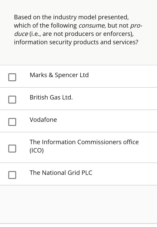 Based on the industry model presented,
which of the following consume, but not pro-
duce (i.e., are not producers or enforcers),
information security products and services?
Marks & Spencer Ltd
British Gas Ltd.
Vodafone
The Information Commissioners office
(ICO)
The National Grid PLC
