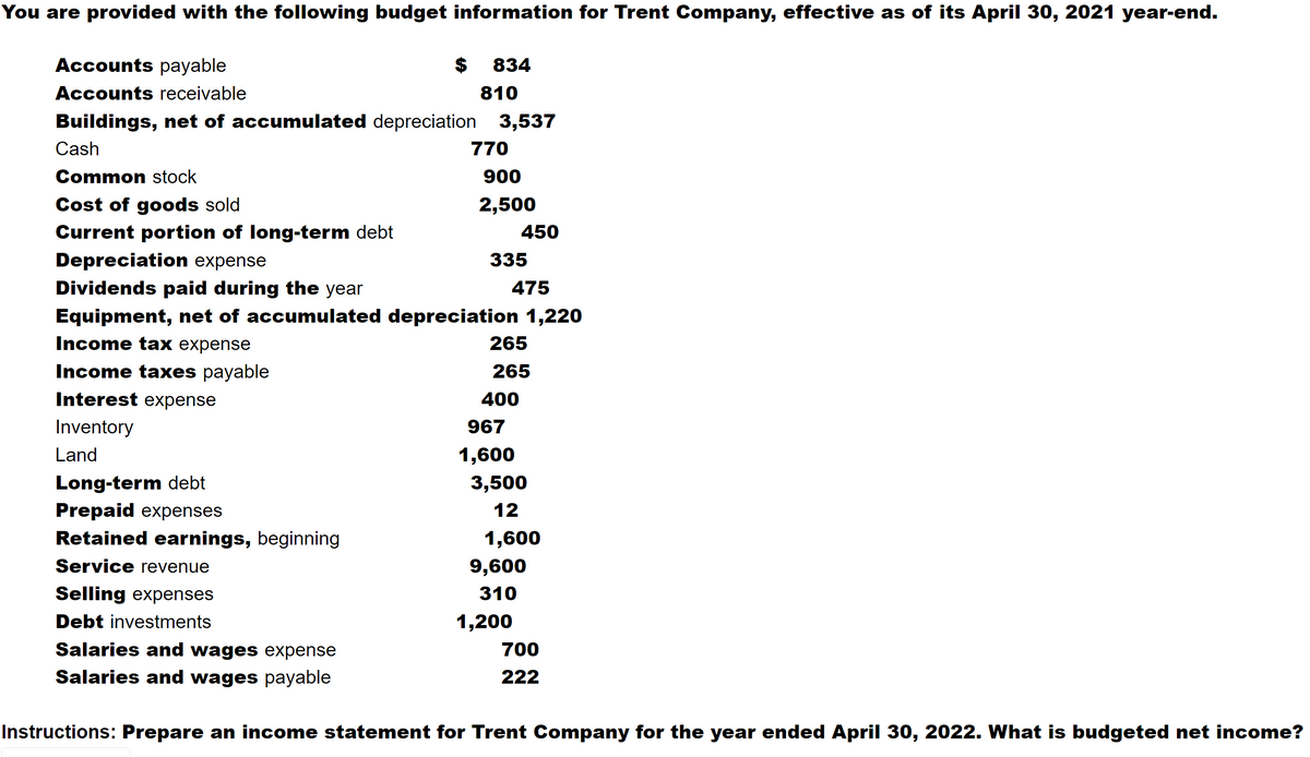 You are provided with the following budget information for Trent Company, effective as of its April 30, 2021 year-end.
Accounts payable
834
Accounts receivable
810
Buildings, net of accumulated depreciation 3,537
Cash
770
Common stock
900
Cost of goods sold
2,500
Current portion of long-term debt
450
Depreciation expense
Dividends paid during the year
335
475
Equipment, net of accumulated depreciation 1,220
Income tax expense
265
Income taxes payable
265
Interest expense
400
Inventory
967
Land
1,600
Long-term debt
Prepaid expenses
3,500
12
Retained earnings, beginning
1,600
Service revenue
9,600
Selling expenses
310
Debt investments
1,200
Salaries and wages expense
700
Salaries and wages payable
222
Instructions: Prepare an income statement for Trent Company for the year ended April 30, 2022. What is budgeted net income?
