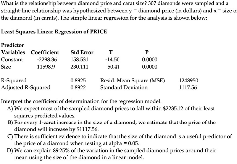 What is the relationship between diamond price and carat size? 307 diamonds were sampled and a
straight-line relationship was hypothesized between y = diamond price (in dollars) and x = size of
the diamond (in carats). The simple linear regression for the analysis is shown below:
Least Squares Linear Regression of PRICE
Predictor
Variables Coefficient
Std Error
т
P
Constant
-2298.36
158.531
-14.50
0.0000
Size
11598.9
230.111
50.41
0.0000
Resid. Mean Square (MSE)
R-Squared
Adjusted R-Squared
0.8925
1248950
0.8922
Standard Deviation
1117.56
Interpret the coefficient of determination for the regression model.
A) We expect most of the sampled diamond prices to fall within $2235.12 of their least
squares predicted values.
B) For every 1-carat increase in the size of a diamond, we estimate that the price of the
diamond will increase by $1117.56.
C) There is sufficient evidence to indicate that the size of the diamond is a useful predictor of
the price of a diamond when testing at alpha = 0.05.
D) We can explain 89.25% of the variation in the sampled diamond prices around their
mean using the size of the diamond in a linear model.
