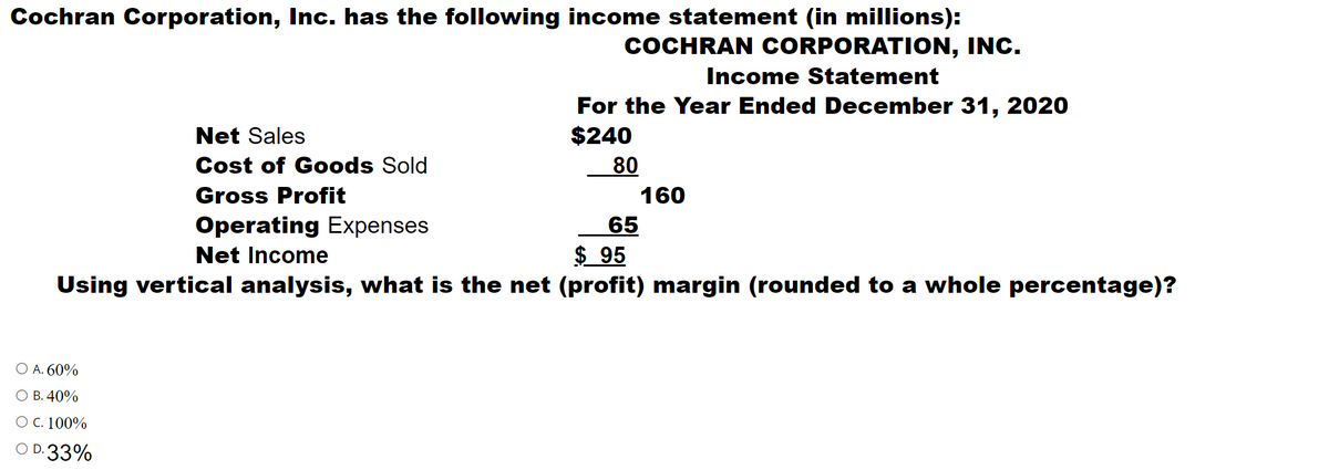 Cochran Corporation, Inc. has the following income statement (in millions):
COCHRAN CORPORATION, INC.
Income Statement
For the Year Ended December 31, 2020
$240
Net Sales
Cost of Goods Sold
80
Gross Profit
160
65
$ 95
Using vertical analysis, what is the net (profit) margin (rounded to a whole percentage)?
Operating Expenses
Net Income
O A. 60%
О В. 40%
О С. 100%
O D.33%
