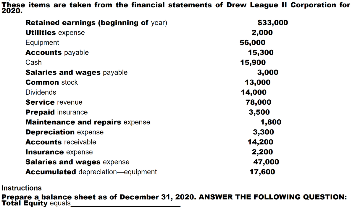 These items are taken from the financial statements of Drew League II Corporation for
2020.
$33,000
Retained earnings (beginning of year)
Utilities expense
2,000
Equipment
Accounts payable
56,000
15,300
Cash
15,900
Salaries and wages payable
3,000
13,000
Common stock
Dividends
14,000
78,000
Service revenue
Prepaid insurance
Maintenance and repairs expense
3,500
1,800
Depreciation expense
3,300
Accounts receivable
14,200
Insurance expense
2,200
Salaries and wages expense
47,000
Accumulated depreciation-equipment
17,600
Instructions
Prepare a balance sheet as of December 31, 2020. ANSWER THE FOLLOWING QUESTION:
Total Equity equals

